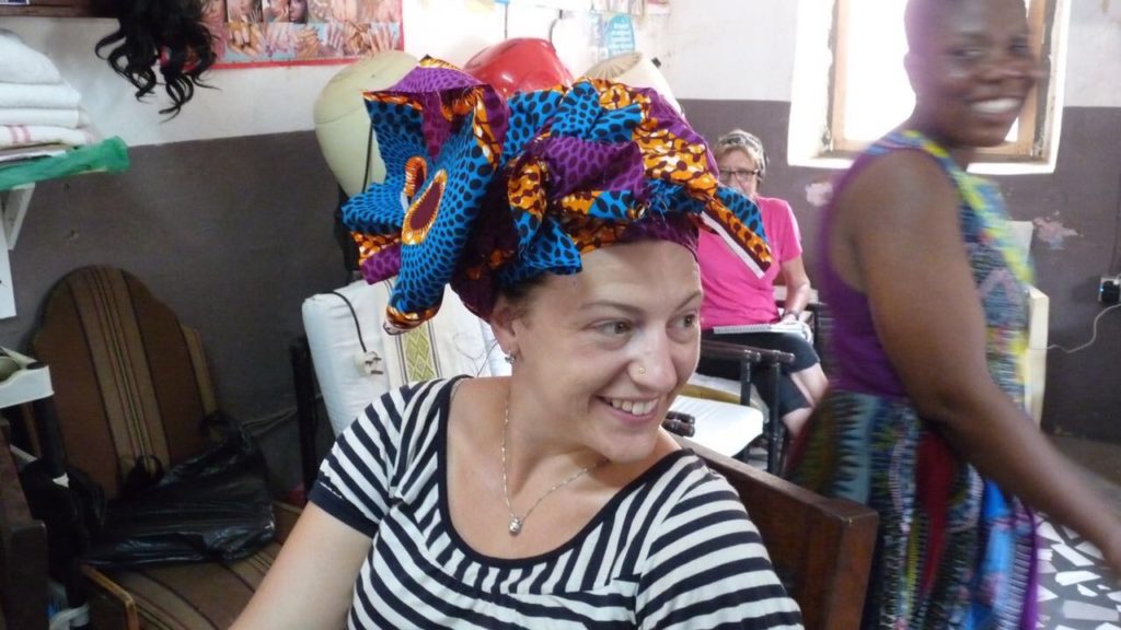 How does the 'Giant Bow' look on me? Trying out a Global Mamas head wrapping workshop in Cape Coast, Ghana